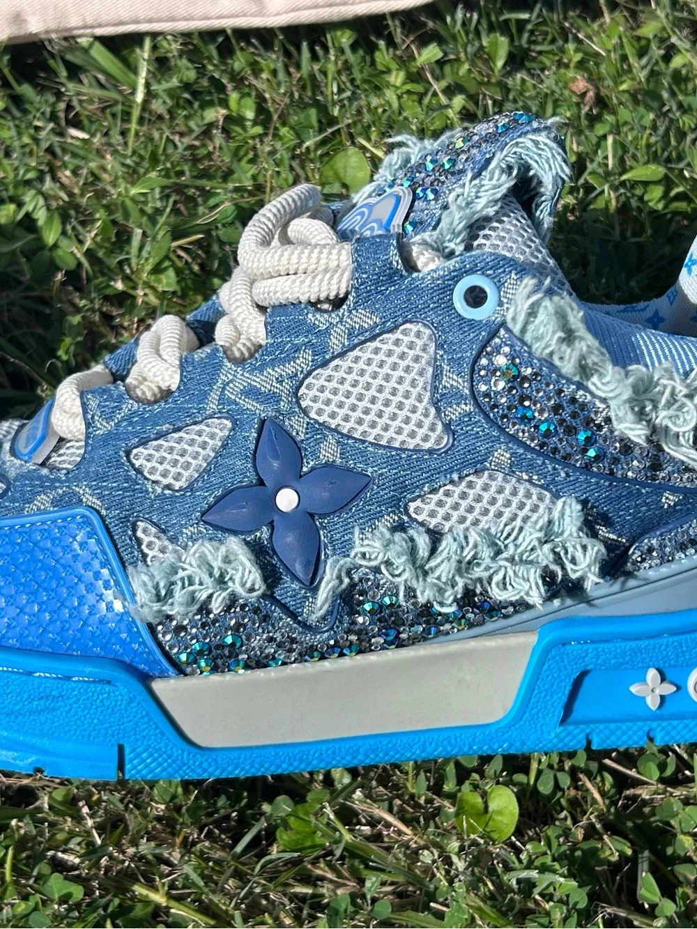 Louis Vuitton Kids Blue Denim LV Trainer Sneakers with Light Blue Accents